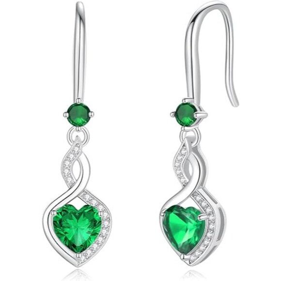 Heart Infinity Dangle Drop Silver Heart Gemstone Earrings May-Green Emerald